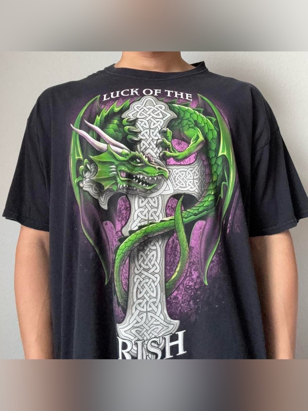 Vintage 2000s Luck of the Irish AOP Graphics Black Tee Shirt
